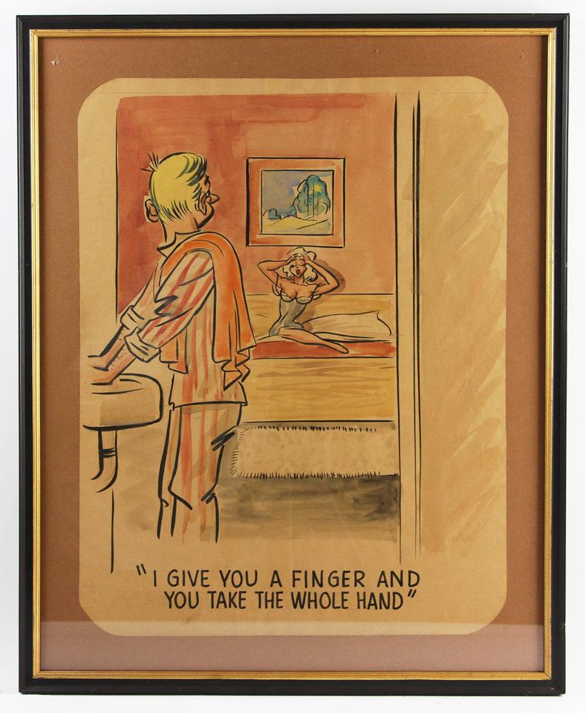 Peter Arno Original Watercolor Illustration: Peter Arno (American, 1904-1968), New Yorker and playboy artist, original watercolor illustration, titled " I Give You A Finger And You Take The Whole Hand", image 19 1/2" x 15", in custom frame 23 1/