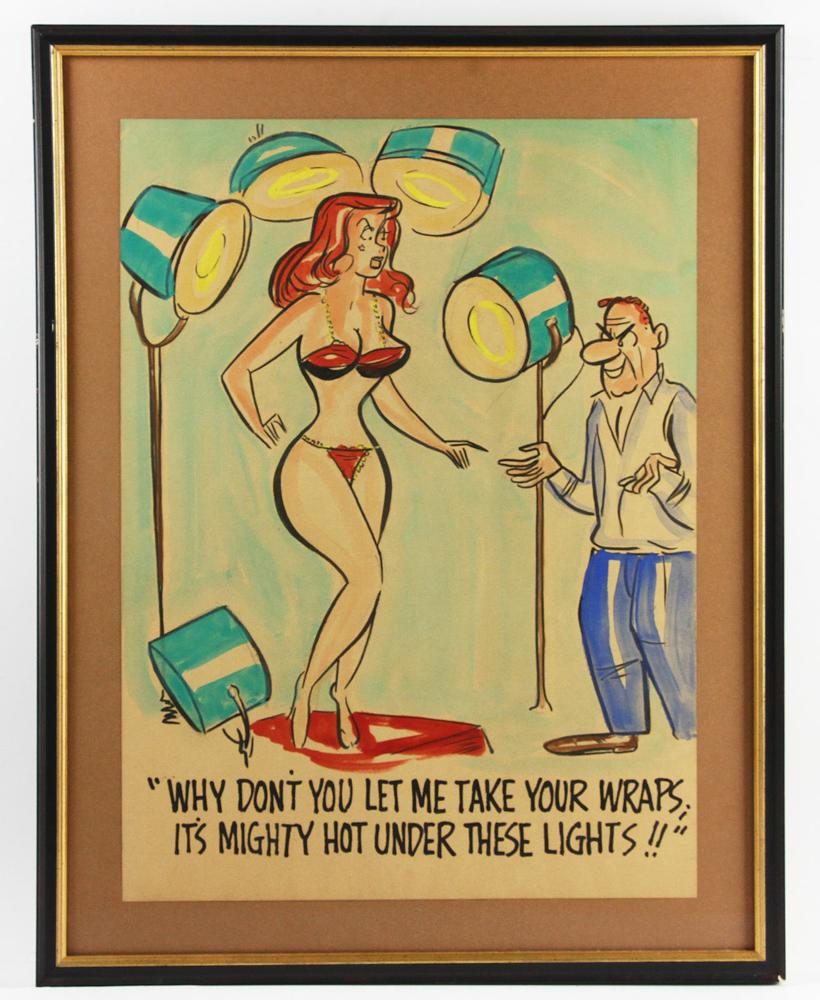 Peter Arno Original Watercolor Illustration: Peter Arno (American, 1904-1968), New Yorker and playboy artist, original watercolor illustration, titled "Why Don't You Let Me Take Your Wraps. It's Mighty Hot Under These Lights", image 19" x 14", i