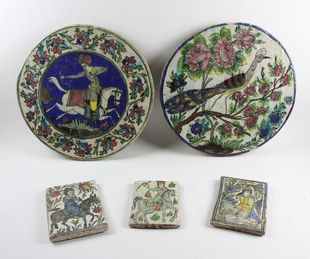 Antique Persian Tiles: Antique Persian tiles, group of five (5), largest 17", smallest 7".