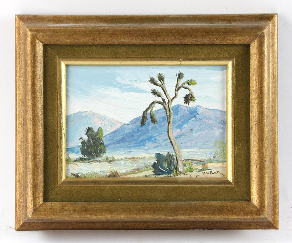 D W Puck, Desert Landscape, Oil on Board: D. W. Puck, desert landscape, oil on board, marked "Yucca Valley - 7/25/2011", image 7" x 5", framed 11 1/4" x 9 1/4". Provenance: From a Cathedral City, California estate.