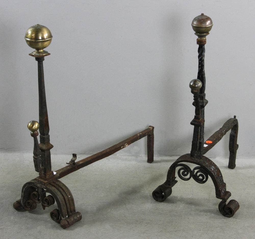 Two Wrought Iron and Brass Andirons: Two wrought iron and brass andirons, tallest 31 1/2" H x 14" W x approximately 21" D.