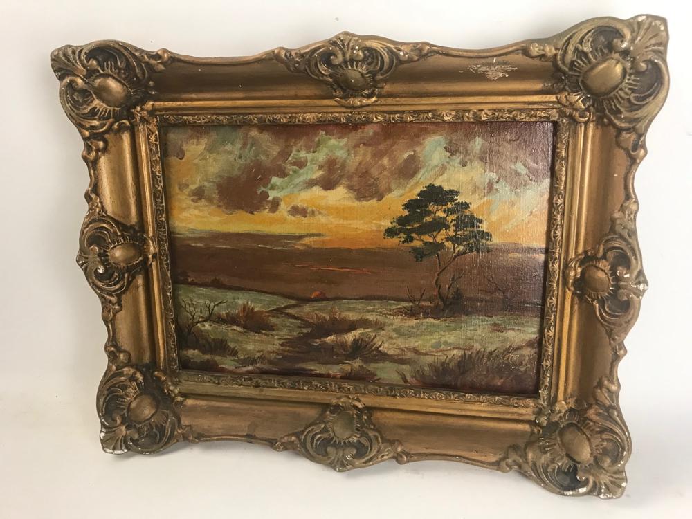 American School Landscape, Oil on Board: American School landscape at sunset, oil on board, 14" x 18" framed. Provenance: From a Medford, Masachusetts estate.