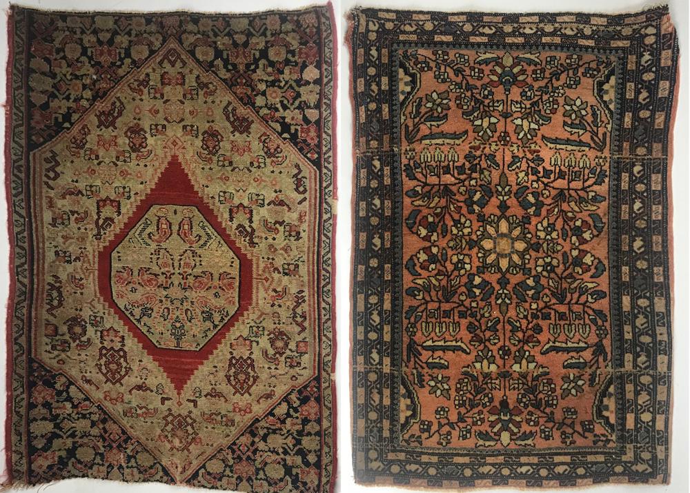 Antique Persian Keshan Rug and Senneh Rug: Antique Persian Keshan rug, 2' 6" x 1' 9", with an antique Senneh rug, 2' 11" x 2' 11". Provenance: From a Poland, Maine estate.