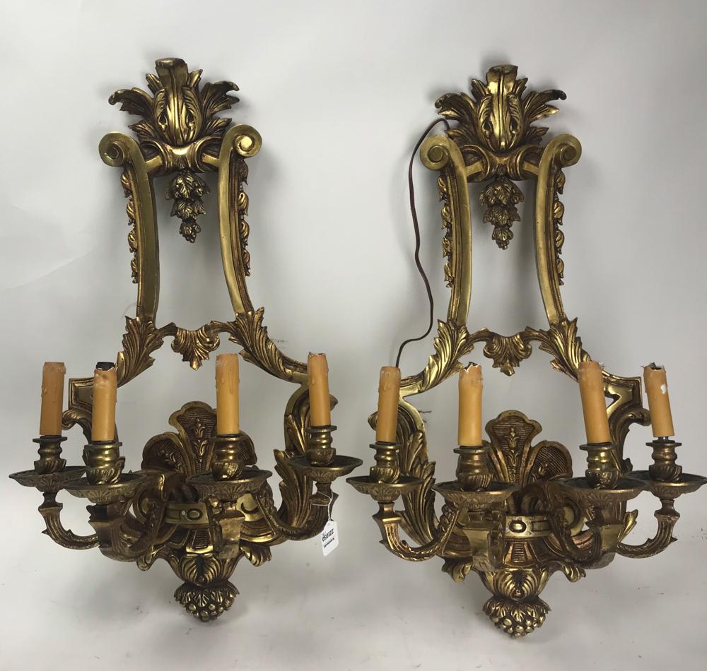 Pair of French Style Bronze Wall Sconces: Pair of French-style bronze wall sconces, 29" x 16 1/2". Provenance: From a Medford, Masachusetts estate.