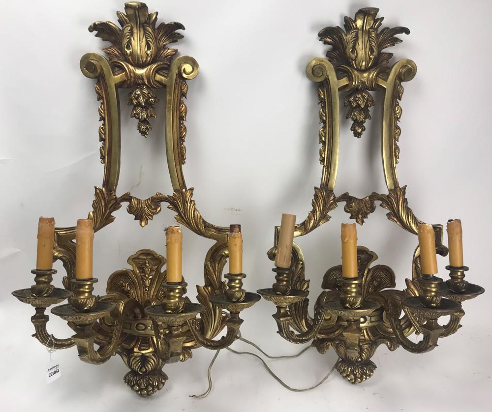 Pair of French Style Bronze Wall Sconces: Pair of French-style bronze wall sconces, 29" x 16 1/2". Provenance: From a Medford, Masachusetts estate.