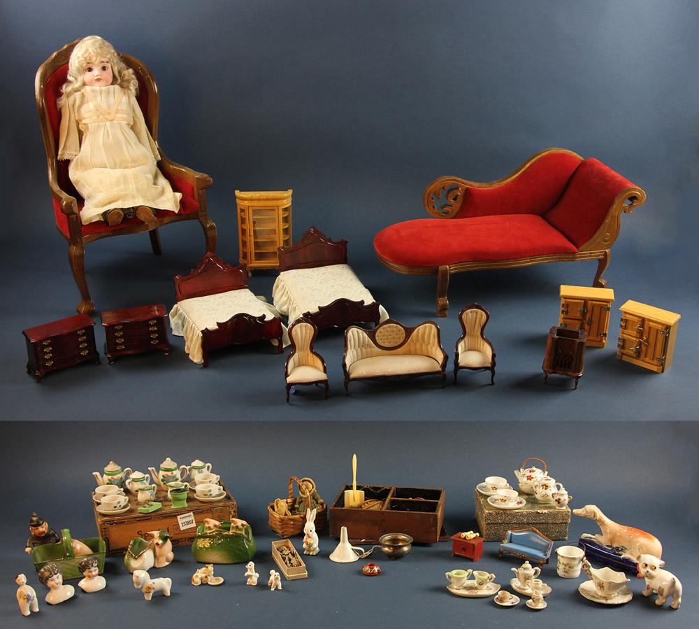 Childs Tea Sets and Furniture: Child's tea sets and furniture. Provenance: From a Burlington, Massachusetts estate.