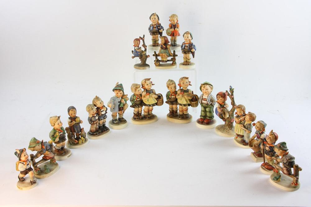 Assorted Hummels and Goebel Figures: Group of assorted Hummels and Goebel figures, including Full Bee and Small Bee, good condition, nineteen (19) total. Provenance: From a Burlington, Massachusetts estate.