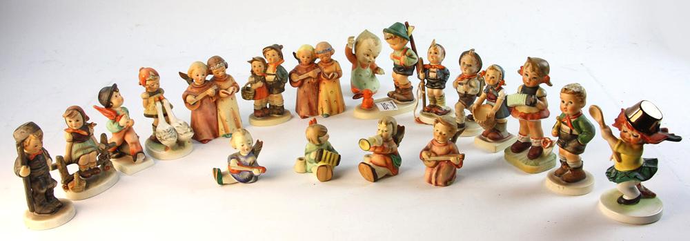 Assorted Hummels and Goebel Figures: Group of assorted Hummels and Goebel figures, including Full Bee and Small Bee, good condition, nineteen (19) total. Provenance: From a Burlington, Massachusetts estate.
