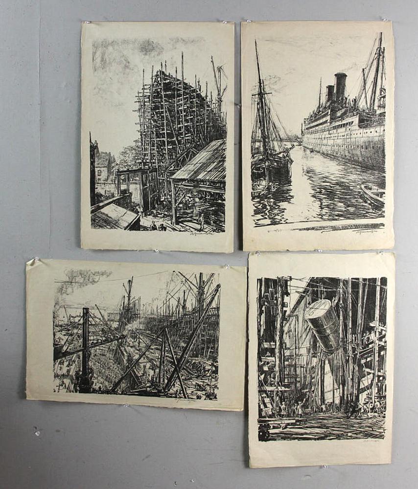 Four Prints by Muirhead Bone: Muirhead Bone (United Kingdom, 1876-1953), four (4) prints, to include: Building a Linear at Greenock; The Tuscania at Glasgow; Reconstructing a Clyde Shipyard; Lifting an Oil Tank into Train Ferry; a