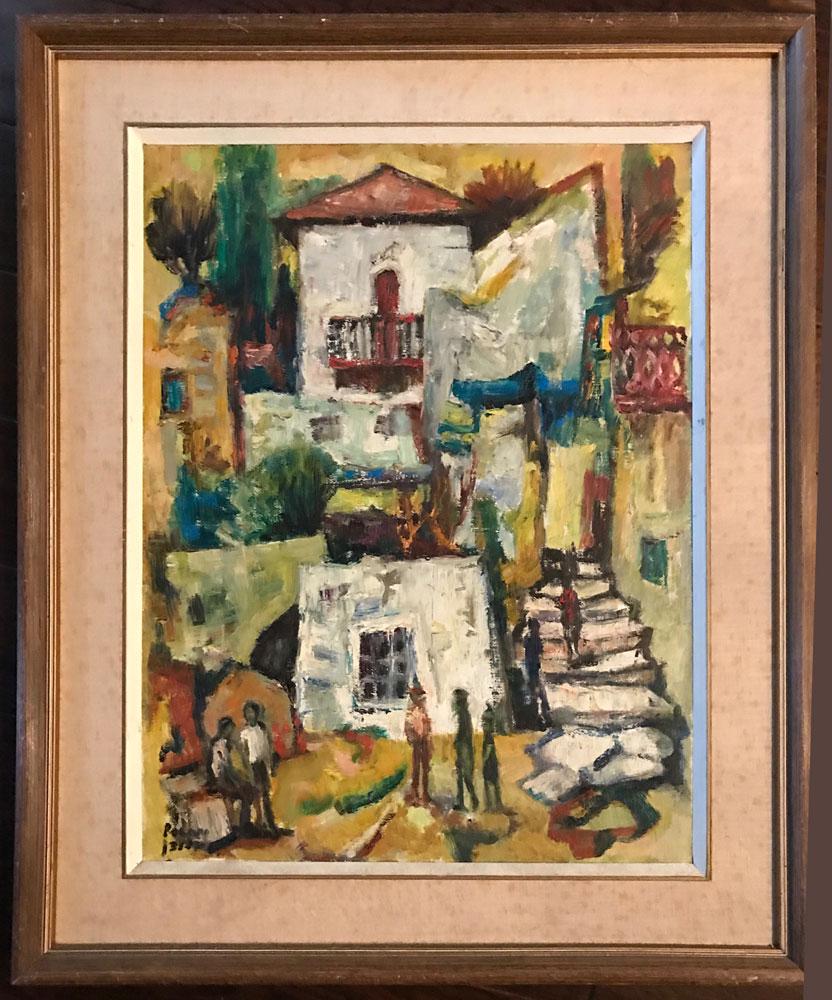 Attr. Rodan, Abstract House with Figures, Oil: Attributed to Jehuda Rodan (Israeli, 1916Î“Ã‡Ã´1985), abstract house with figures, oil on canvas, signed indistinctly, labeled "E. Rosenfeld Gallerie, 147 Dizengoff St., Tel Aviv, Tel. 229044"