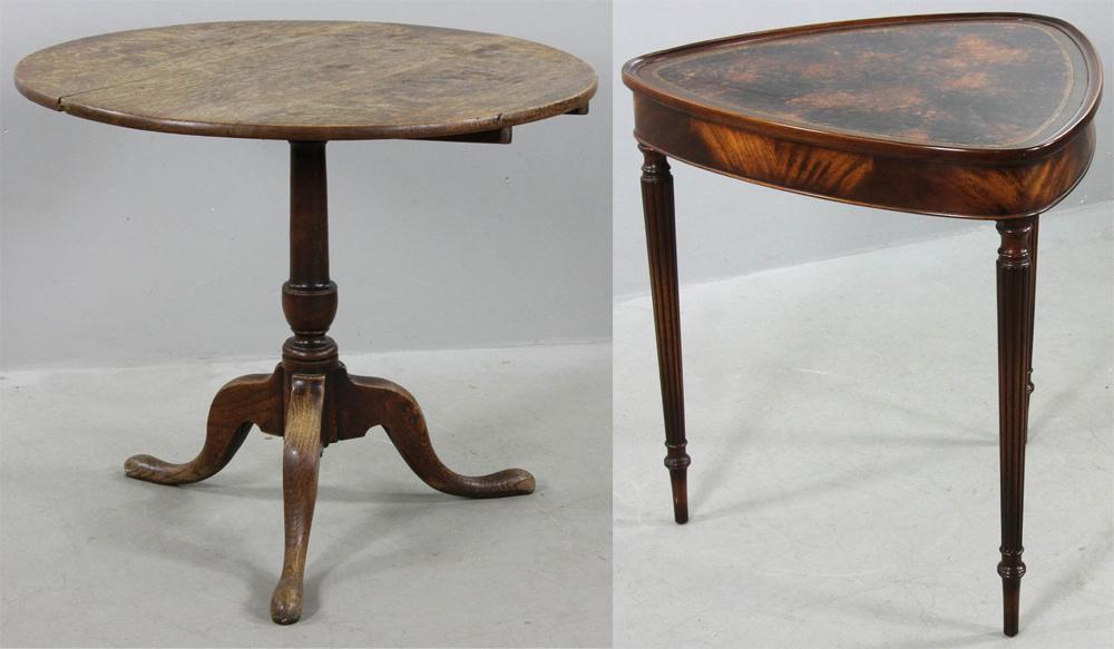 18th/19thC English Tea Table and Sheraton Table: 18th/early 19th century English tip-top tea table, 32" x 28", and custom Sheraton mahogany triangular table with tooled leather top, 27" H x 25" W x 26" D. Provenance: Richard and Phyllis Krock family