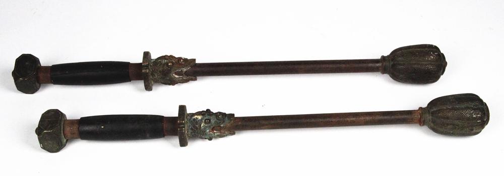 A Pair of Chinese Antique Weapon Hammers: The hammers decorated with dragon head handle total 20Î“Ã‡Â¥ L.