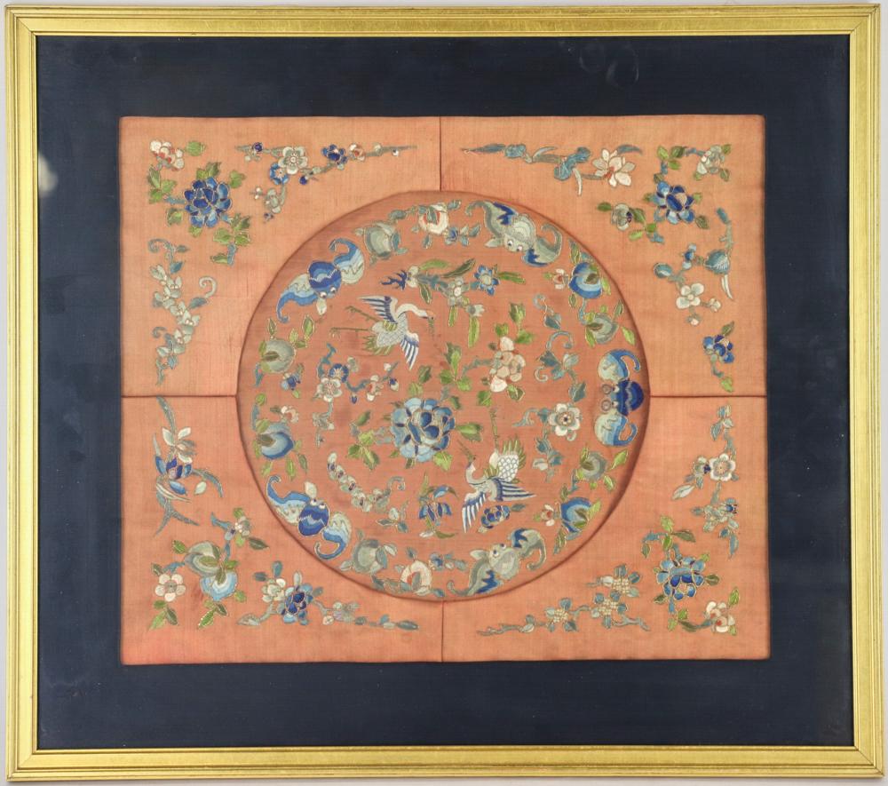 19thC Qianlong Embroidered Panel: 19th century Qianlong embroidered panel with embroidered raised mat having bat and phoenix design, 15 1/2 x 13" (sight), frame 21 1/4" x 18 3/4".