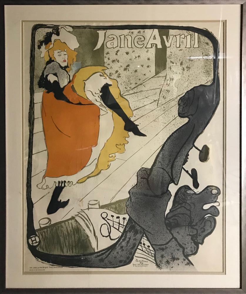 Henri de Toulouse-Lautrec Vintage Poster: Henri de Toulouse-Lautrec, Jane Avril, vintage poster, framed 37 1/2" x 29". Provenance: From a Bradford, Massachusetts estate.