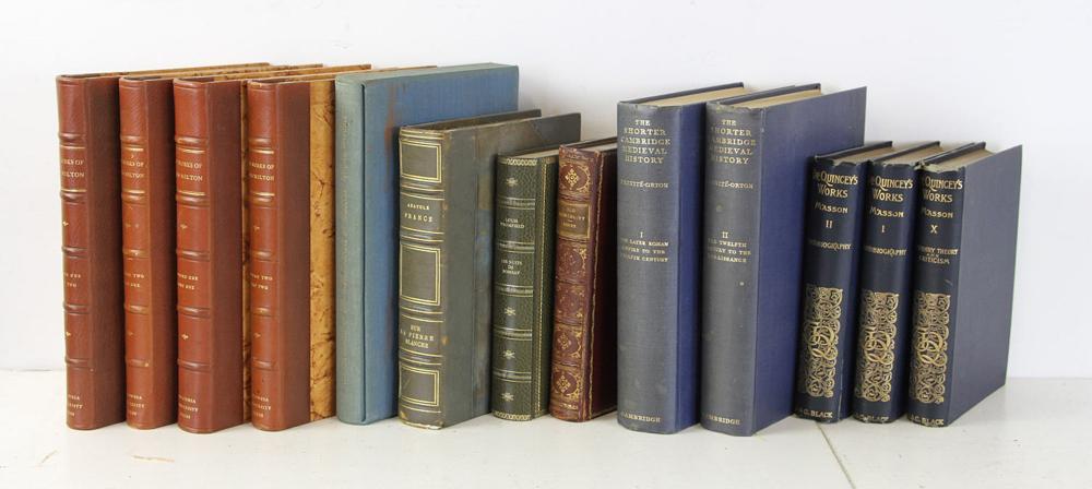 Group of Books: Group of leather bound books, to include: "The Works of John Milton", four volumes, 1931; "The Works of Thomas De Quincey", volumes I, II and X; "The Shorter Cambridge Medieval History" by C. W. Previ