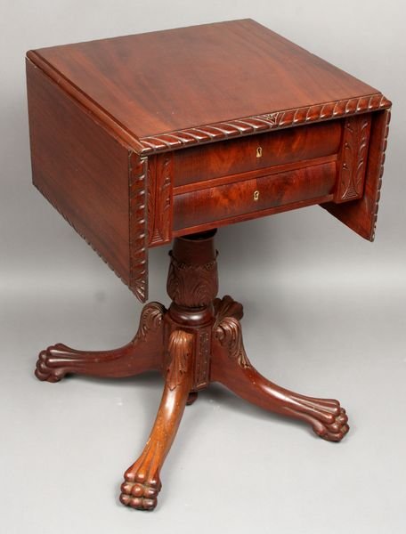19th C. Mahogany 2-Drawer Drop-leaf Table