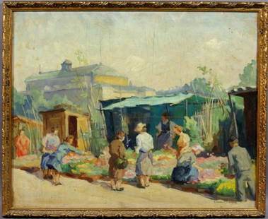 Cesar Bailleux, French Farmer's Market, o/b: Cesar Bailleux, French village farmer's market, o/b, 14" x 17 1/2" (sight), in frame 15 1/2" x 19", signed LR. Several "cuts" to surface.