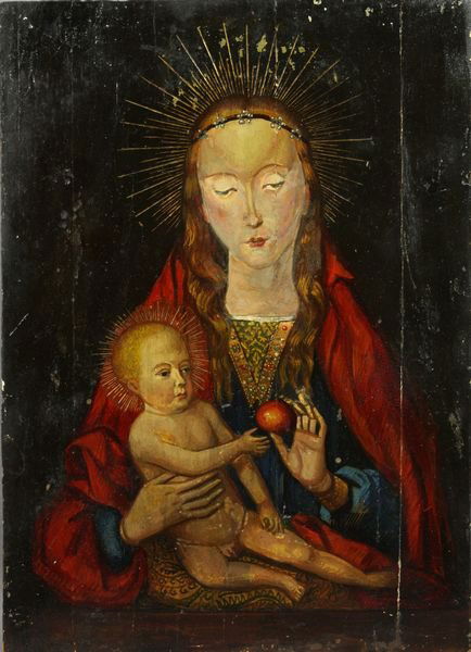 Flemish Old Master Painting, the Mother & Child: Flemish old master painting of the Mother and Child, oil on wood panel, 19th Century or earlier, 18" x 13". Two old cracks.