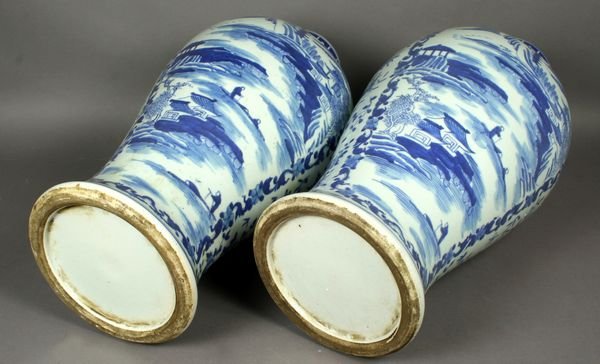 Pair of 20th C. Covered Blue and White Urns - 2