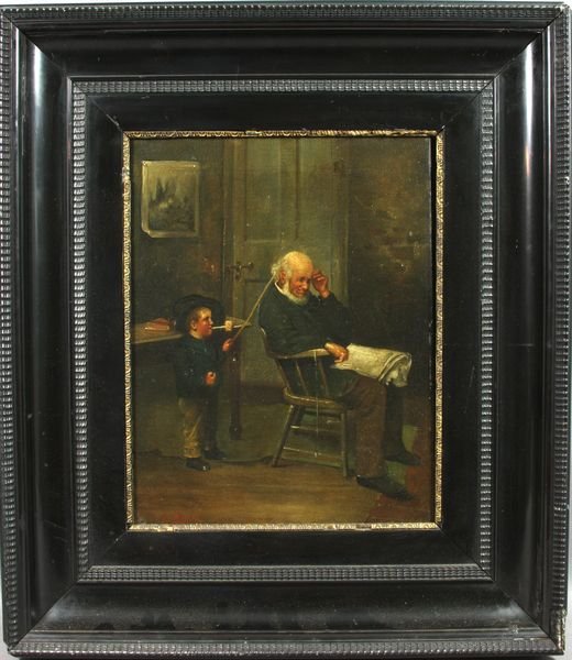 19th C., Genre Scene, Boy w/ Grandfather, o/c