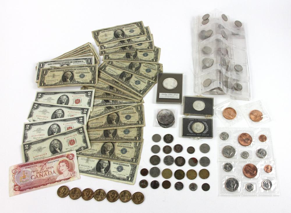 Silver Certificate, One and Two Dollar Bills, Coins: Silver certificate, one dollar and two dollar bills, with uncirculated coins. Provenance: From a Coronado, California estate. PLEASE NOTE: payment for silver, gold, jewelry, and coins must be made via