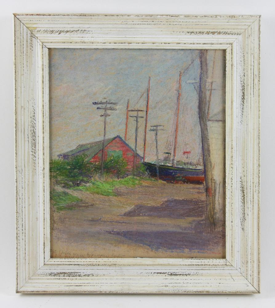 Anna C Tomlinson, Boat in Dry Dock, Pastel: Anna C. Tomlinson (American, 1872-1962), boat in dry dock, pastel, inscribed in pencil, 11 1/2" x 9 1/2". Provenance: From a Beverly, Massachusetts estate.
