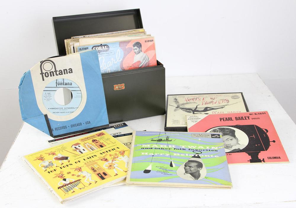 Collection of 45 RPM Records: Collection of 45 rpm records including, Pearl Bailey, Henry Belifante, Dry Bones, Mae West, Paul Ford, etc., (27) total.