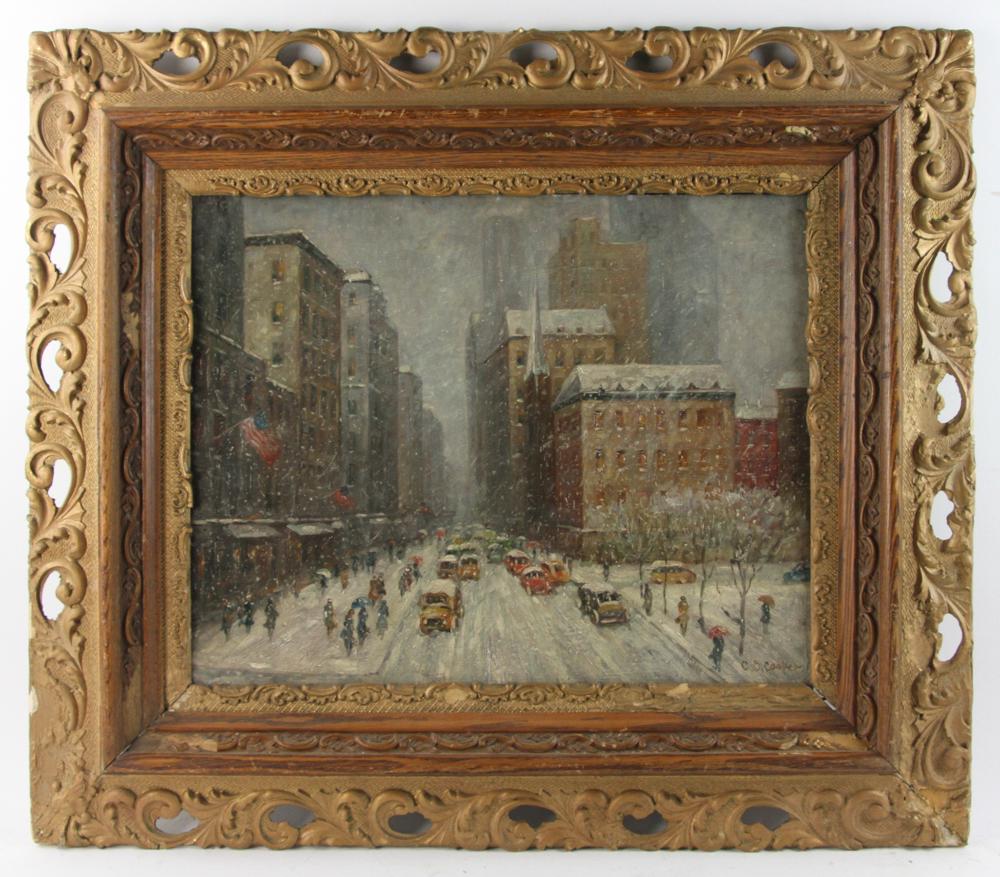 Bears Signature CC Cooper, Winter Scene, Oil on Board: Bears signature Colin Campbell Cooper L/R, "Winter in Midtown", oil on board, 16" x 20", framed 26" x 30". Provenance: From a private Manhattan, New York collection.