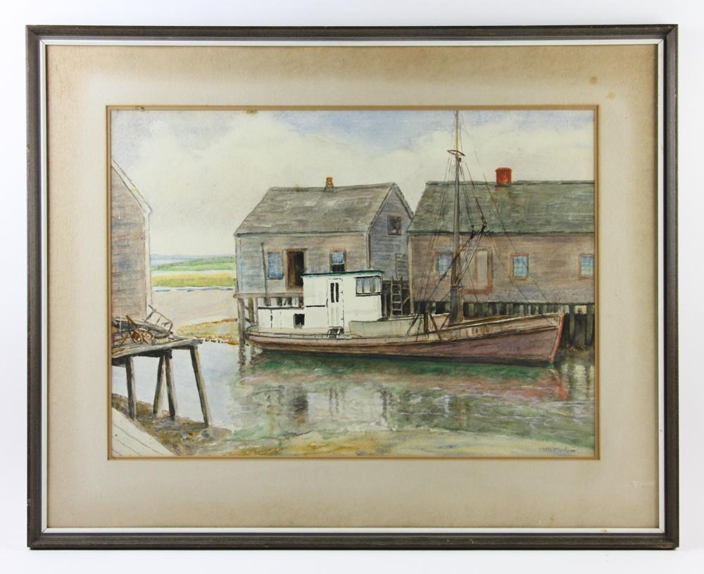 J Albert Wilson, Lobster Boat, Watercolor: J. Albert Wilson signed, Lobster Boat at Dock, watercolor, 22" x 28". Provenance: From a Hamilton, Massachusetts estate.