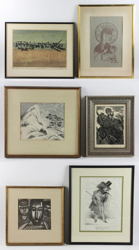 Group of Six Prints: Group of six (6) prints, including artists: Joseph Love, Stephen Thomas, Frtiz Erchenberg, Rouel Dufy, also with Pantheon Charivarique and an Asian watercolor on silk. Provenance: Property of the late
