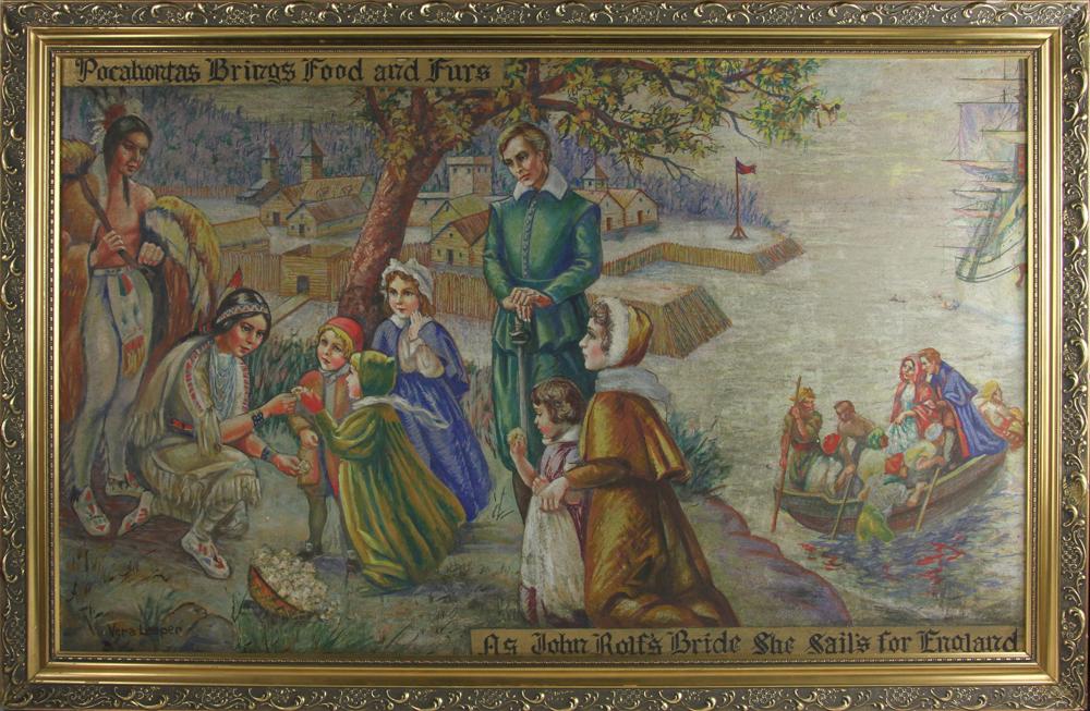 Vera Leeper, Pocahontas, Oil on Board: Vera Leeper, Pocahontas Brings Food and Furs, oil on board, signed, 30" x 48", framed 34" x 53". Provenance: From a Danvers, Massachusetts estate.