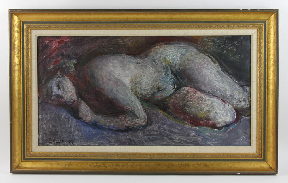 Rubens Capaldo, Reclining Nude, Oil on Canvas: Rubens Capaldo (French, 1908-1997), reclining nude, oil on canvas, signed and dated 1969 L/L, titled verso in Italian "The Daughter of a Millionaire Who Betrayed Her Father Out of Love for Art", 14" x