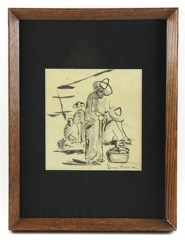 Attributed to Diego Rivera, Peasants, Ink and Brush: Attributed to Diego Rivera, group of peasants, ink and brush on paper, signed L/R, 8 1/2" x 8 1/2", framed 17 1/2" x 13 1/4". Provenance: From a Swampscott, Massachusetts estate.