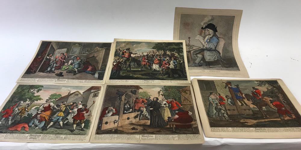 (6) 18thC Hogarth Hand Colored Prints: Group of six (6) 18th century William Hogarth (English) hand-colored prints, 11 1/2" x 15". Provenance: From a Hamilton, Massachusetts estate.