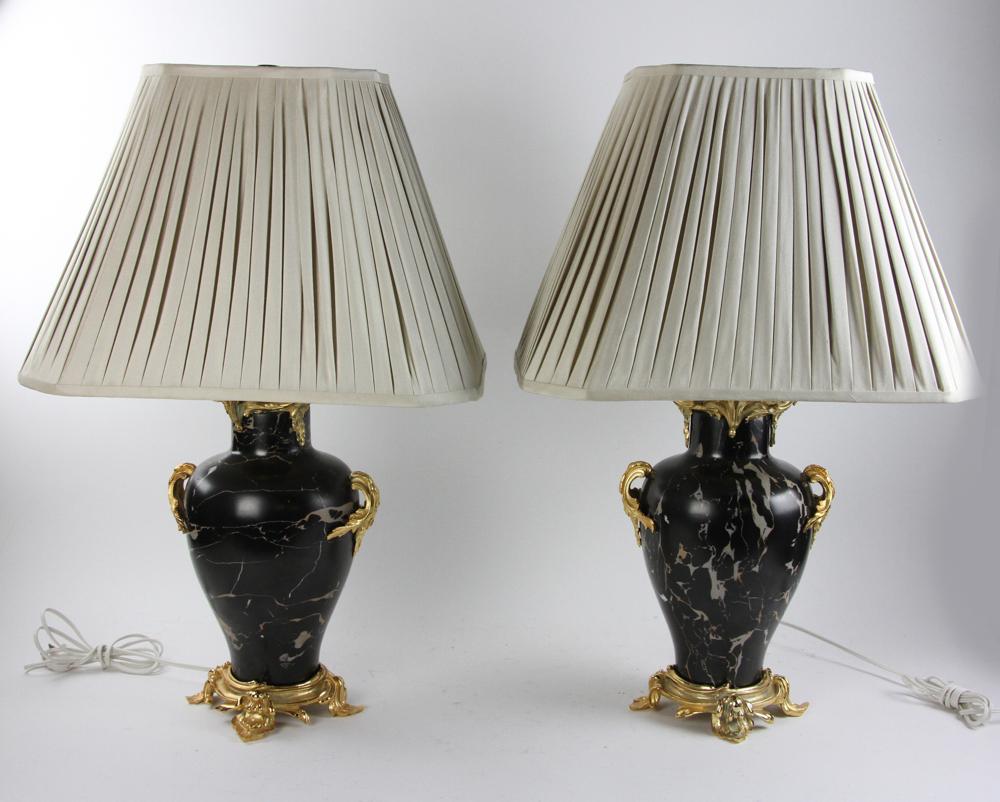 Pair of Louis XVI Lamps: Pair of Louis XVI lamps, porcelain and ormolu bronze with shades, 28" H to top of finial. Provenance: From a Jupiter, Florida estate.