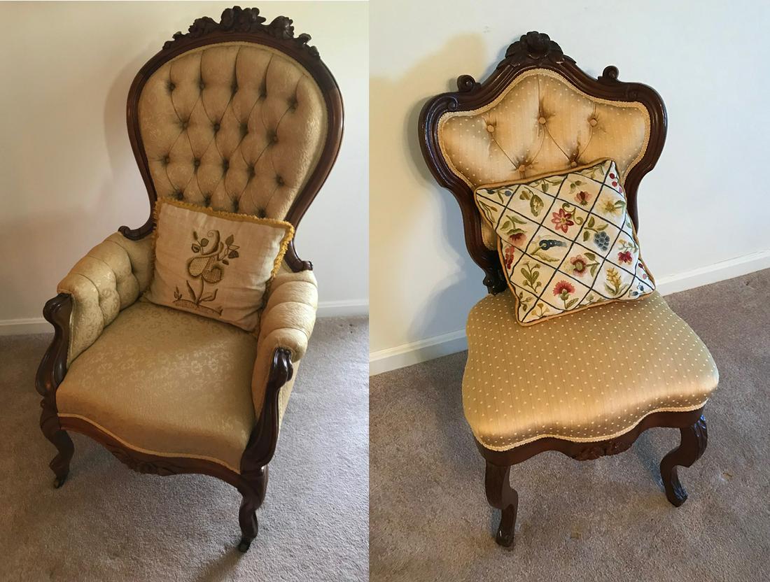 Victorian Chair and Ladies Slipper Chair: Victorian high back upholstered chair and ladies' slipper chair. Provenance: Estate of antique dealer Mr. Bob Tassel.