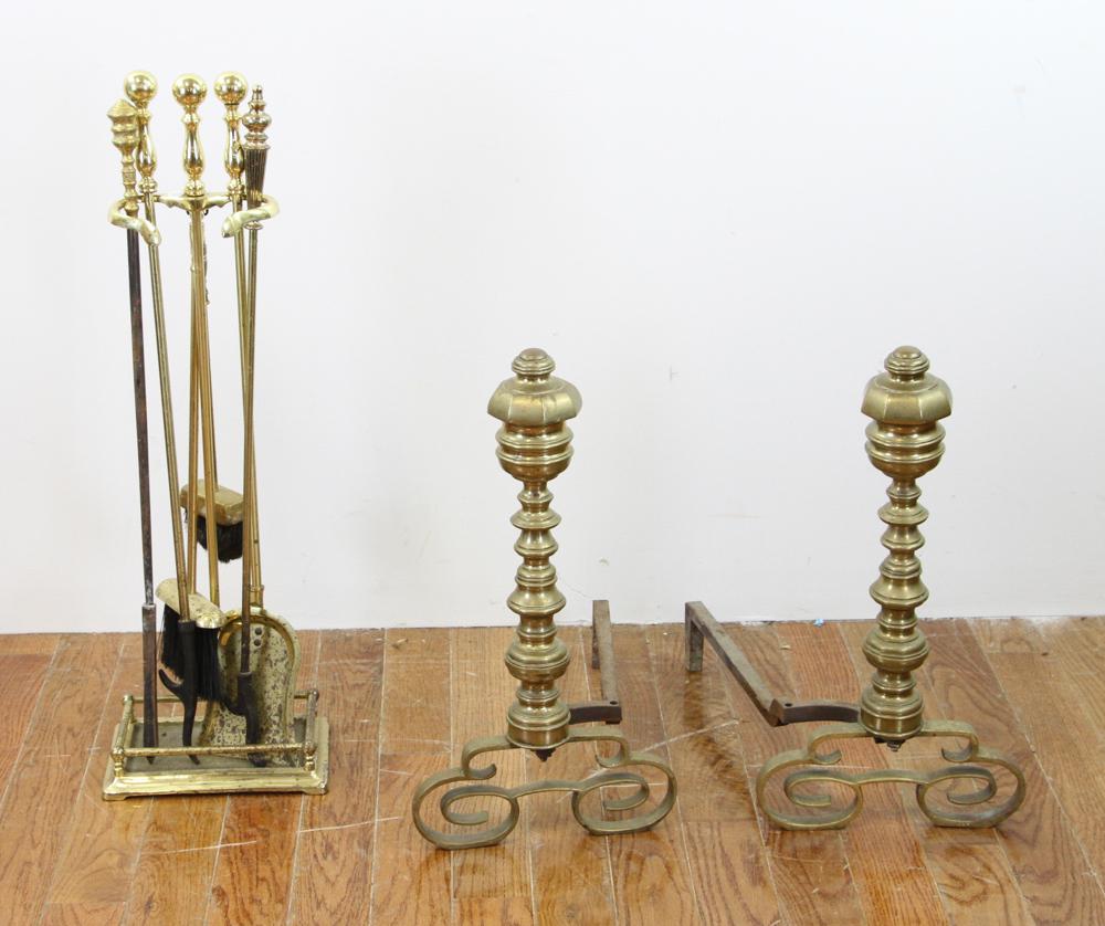 Antique Chippendale Style Brass Andirons and Tools: Antique Chippendale-style brass andirons and tools, 22" H x 12" W. Provenance: From a Manchester, Massachusetts estate.