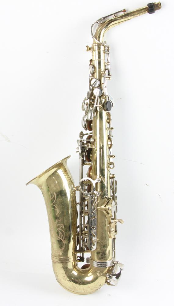 Brass Saxophone: Brass saxophone, 25" H x 8" W. Provenance: From an Everett, Massachusetts estate.