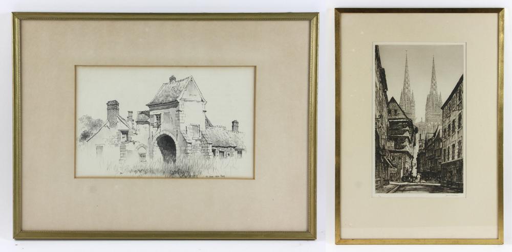 Prints by Saint Jean Aux Bois and Samuel Chamberlain: Saint Jean aux Bois, print, framed 14" x 19"; Samuel V. Chamberlain (1895-1975), Quimfirs France, etching, signed in pencil, 15" x 9", framed 23" x 16". Provenance: Property of the late Donald H. Lete
