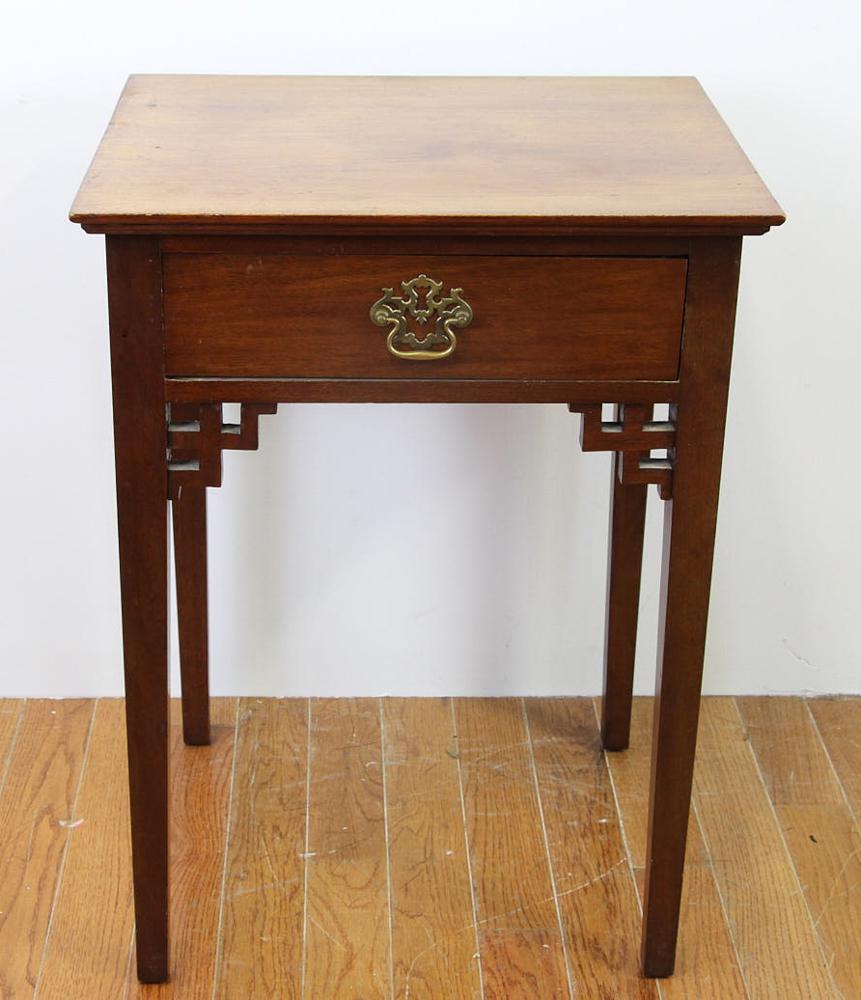 18thC Chinese Chippendale Mahogany Stand: 18th century Chinese Chippendale mahogany one drawer stand, 29" H x 22" W x 18 1/2" D. Provenance: From a Saugus, Massachusetts estate.