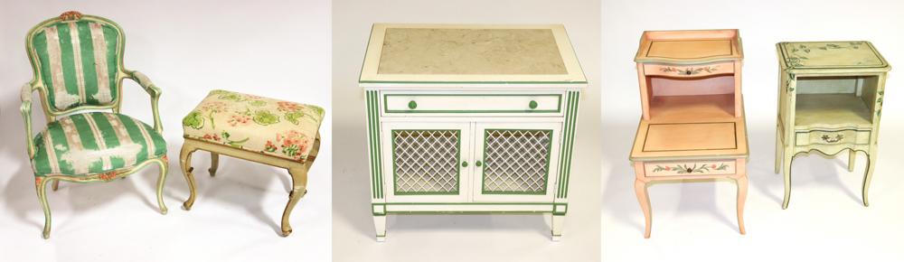 French Style Painted Furniture: French-style painted furniture, five (5) pieces total, to include: armchair, two night stands, stool and MT cabinet, largest night stand 30" H x 18 1/2" W x 25" D. Provenance: Estate of Alfreda Rochel