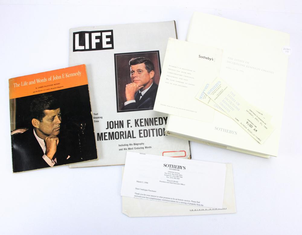 Catalog/Books Related to the Kennedys: Catalog and books related to John and Jacqueline Kennedy; to include: "The Life and Words of John F. Kennedy" by James Playsted Wood, 1965; Life Magazine: John F. Kennedy Memorial Edition, 1963; Sothe
