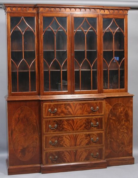 H. Sacks & Sons, Sewall Breakfront Cabinet: H. Sacks & Sons, Sewall breakfront cabinet. From the skilled hands of an English craftsman came the original of this breakfront cabinet. Painstakingly inlaid and featuring a tooled leather serving sli