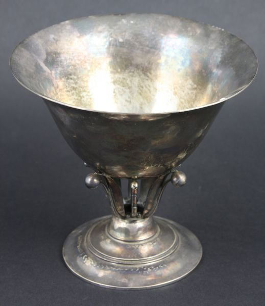 Georg Jensen Sterling Silver Compote, Dessin: Georg Jensen sterling silver compote, 5 1/4" x 5 3/4", marked on bottom "Dessin, 17B, Denmark Sterling", and with mark of designer Johan Rohde (1856-1935). 10.2 ozt.