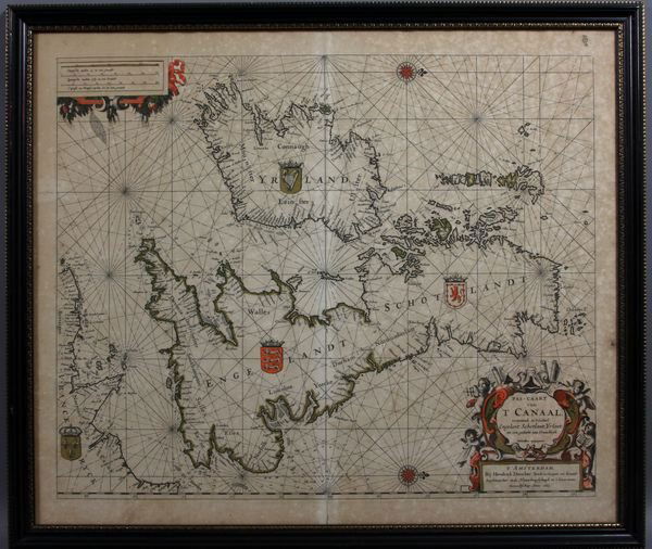 Hand-Colored Map, England, Scotland, Ireland: Hand-colored map, England, Scotland, Ireland, "Pas-Caart van 't Canaal, Vertoonende in 't Geheel Engelant, Schotlant, Yrlant, en een Gedeelte van Vranckryk", by Hendrick Doncker, 1665, 19" x 22 1/2",