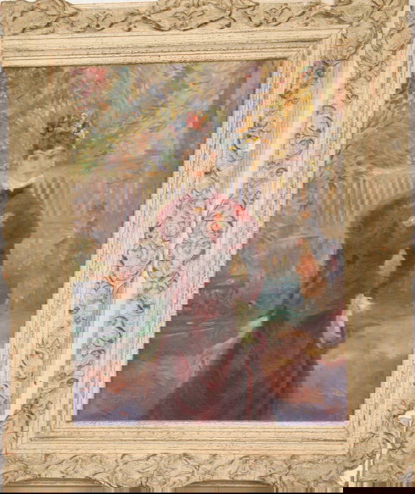 SIGNED JOHN STREVENS OIL ON CANVAS: John Strevens, 'Au Parc Monceau', o/c, 18" x 14", signed. Original frame. Needs cleaning.