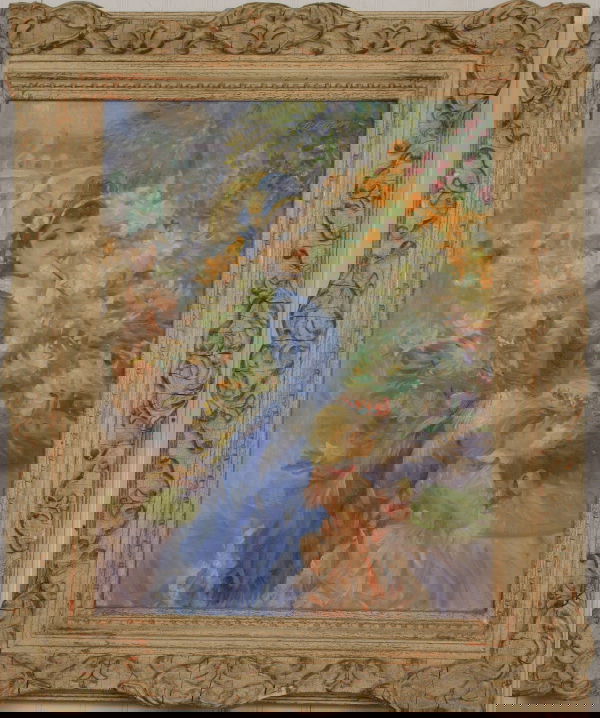 SIGNED JOHN STREVENS OIL ON CANVAS AU JARDIN: John Strevens, 'Au Jardin', o/c, 18" x 14", signed UR. Original frame. Good condition, needs cleaning.