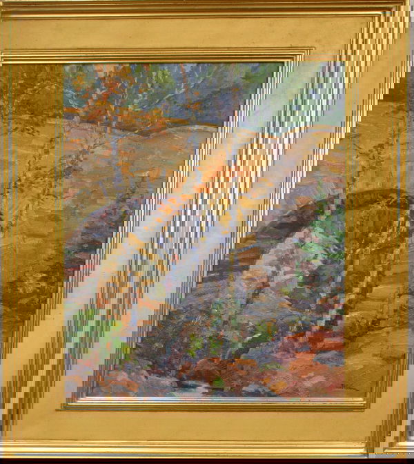 MICHAEL GRAVES OIL/ CANVAS NEW ENGLAND BRIDGE: Michael Graves, o/c, New England stone bridge, 24" x 20", signed LR. Framed. Good condition.