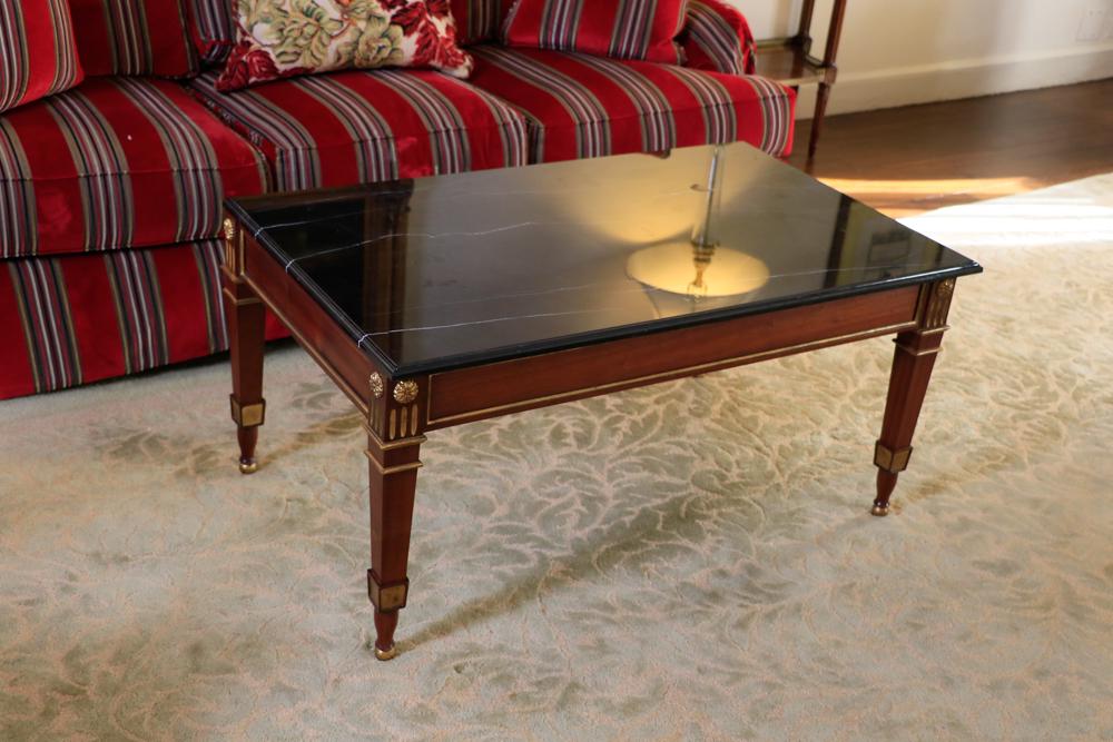 French regency style fruitwood cocktail table with gold (1 of 1)