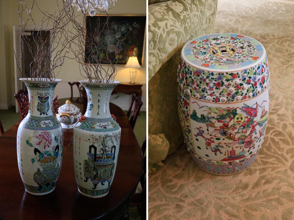 Chinese Famille Rose Garden Seat, Famille Verte Vases: Herbert Hoover Suite: Late 19th/early 20th century Chinese porcelain garden seat with Famille Rose design; pair of Chinese Famille Verte vases, Republic Period, one has damage at rim, pieces are insid